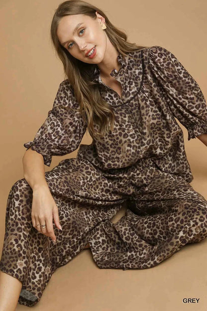 Umgee Leopard Print Ruffle Neck Blouse