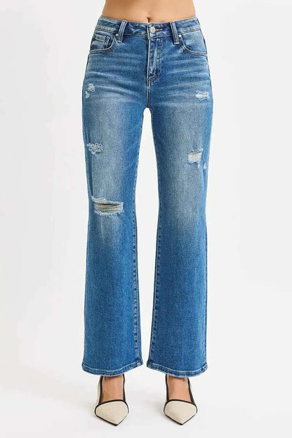 RISEN Full Size High Rise Ankle Straight Front Body Distressed Jeans Plus Size