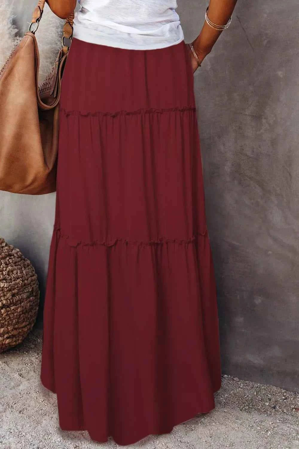 Frill Tiered Drawstring Waist Maxi Skirt