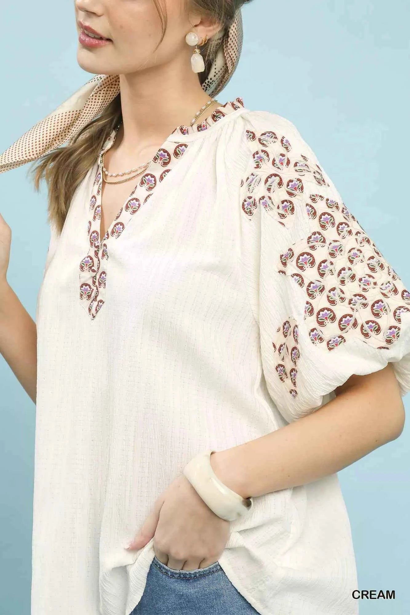 Umgee Embroidered Sleeve Contrast Trim Top