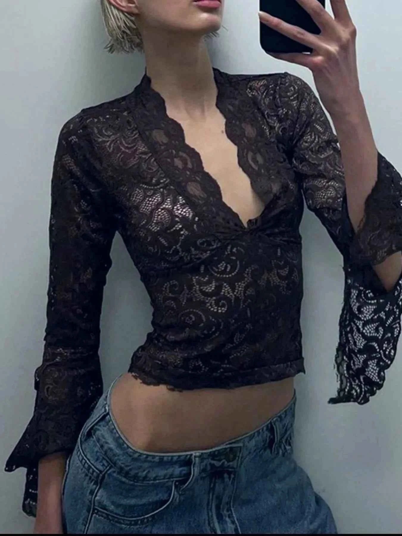 Lace Long Sleeve Deep V-Neck Blouse