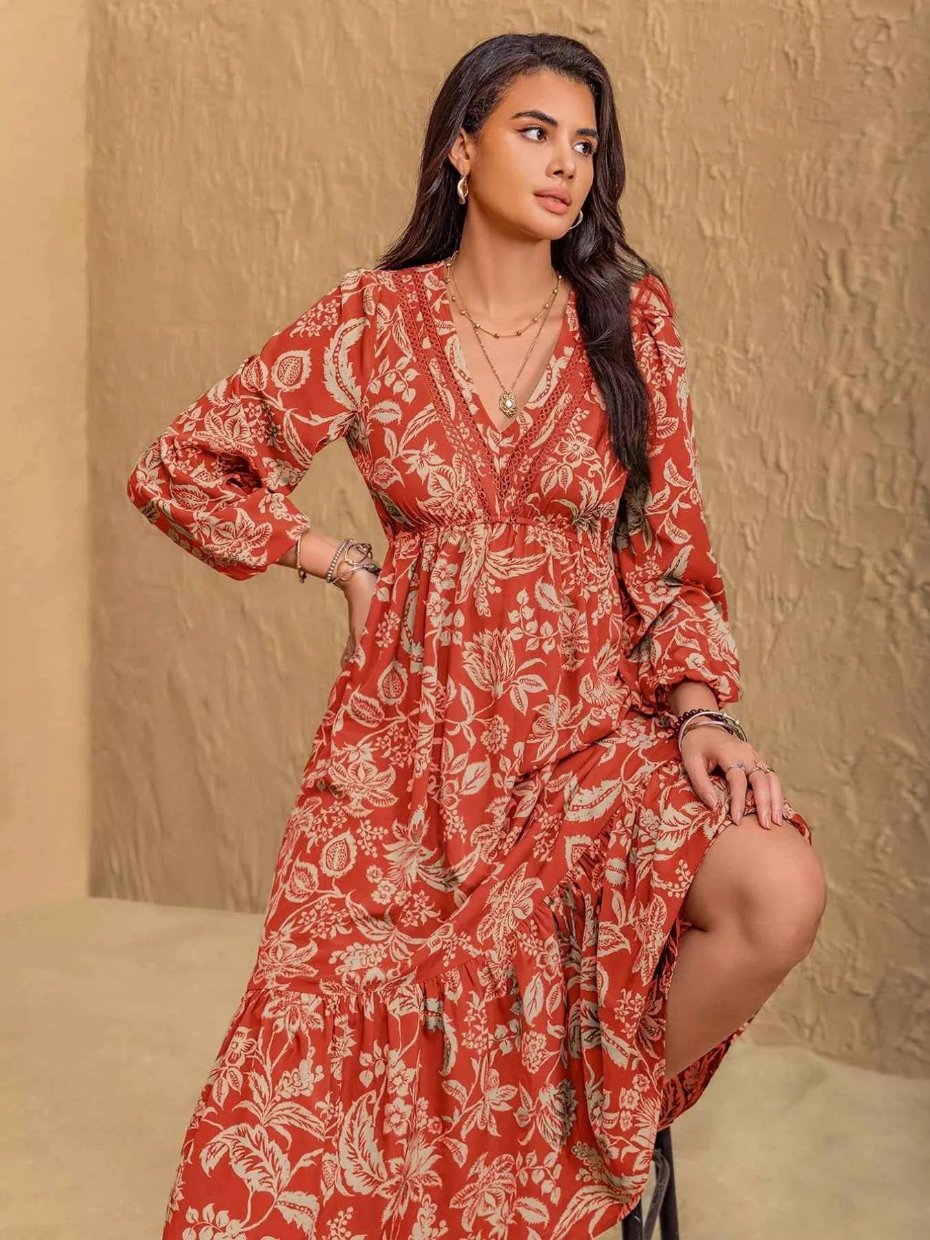 Boho Floral Print Long Sleeve Midi Dress