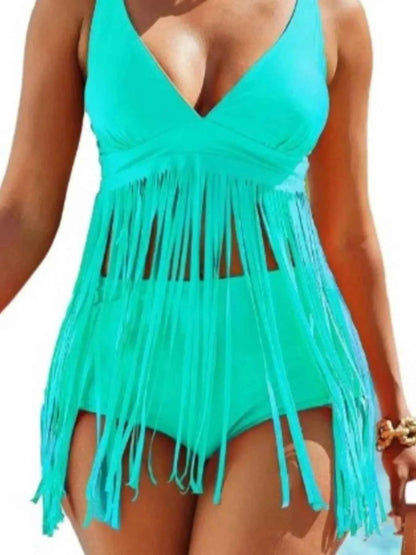 Plus Size Fringe V-Neck Tankini Swim Set