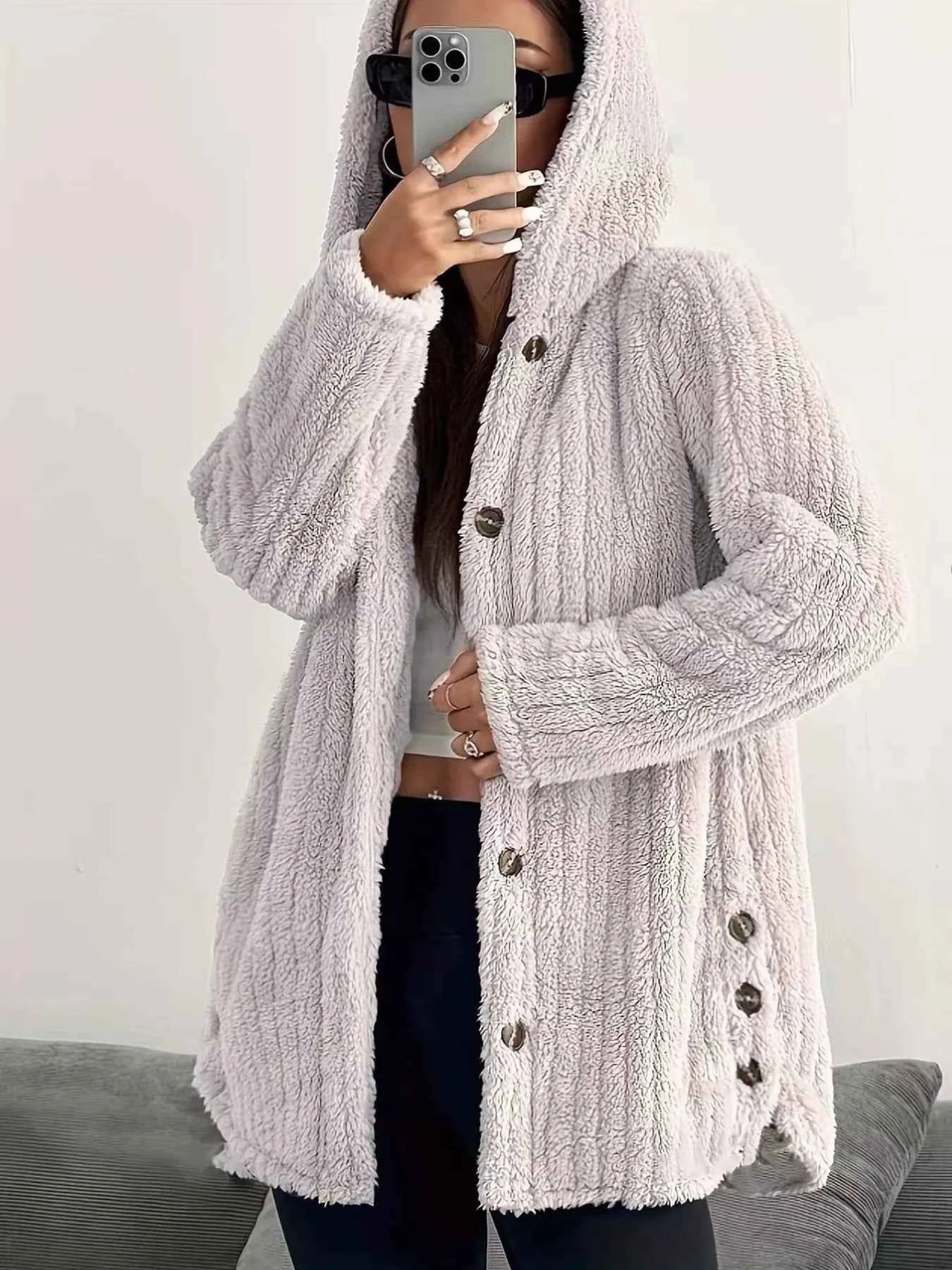 Cozy Oversized Hooded Button-Up Jacket
