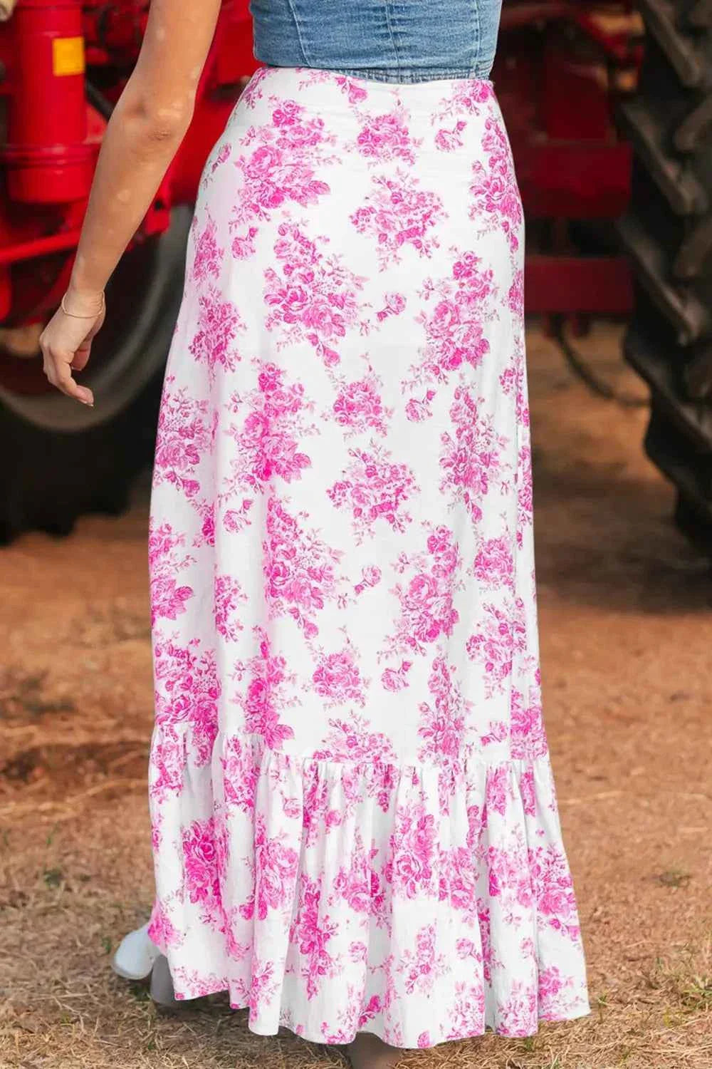 Boho Floral High Waist Ruffle Split Maxi Skirt