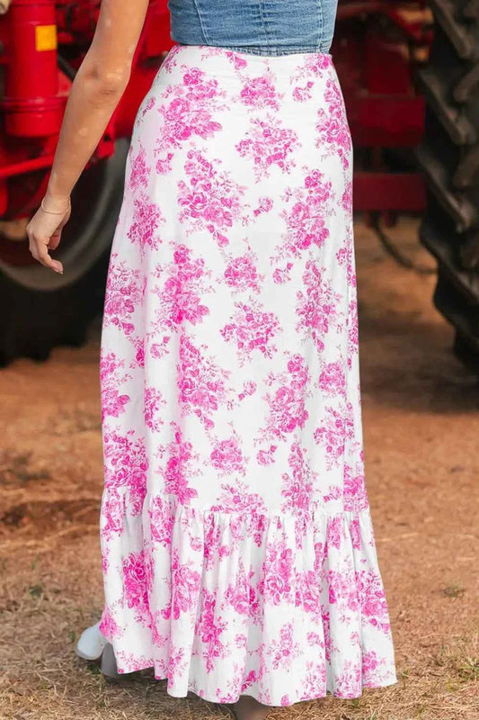 Boho Floral High Waist Ruffle Split Maxi Skirt