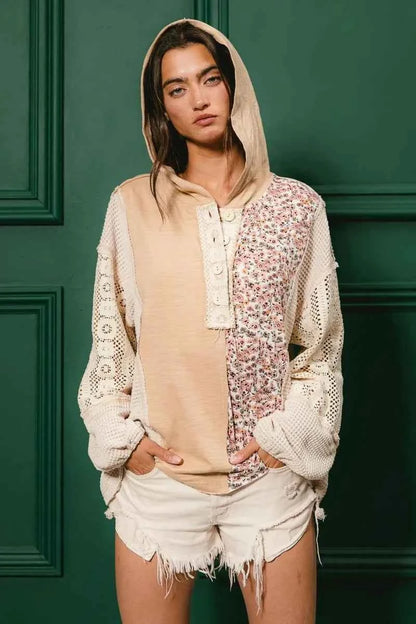 BiBi Slub Jersey with Lace Combo Buttoned Hoodie Top