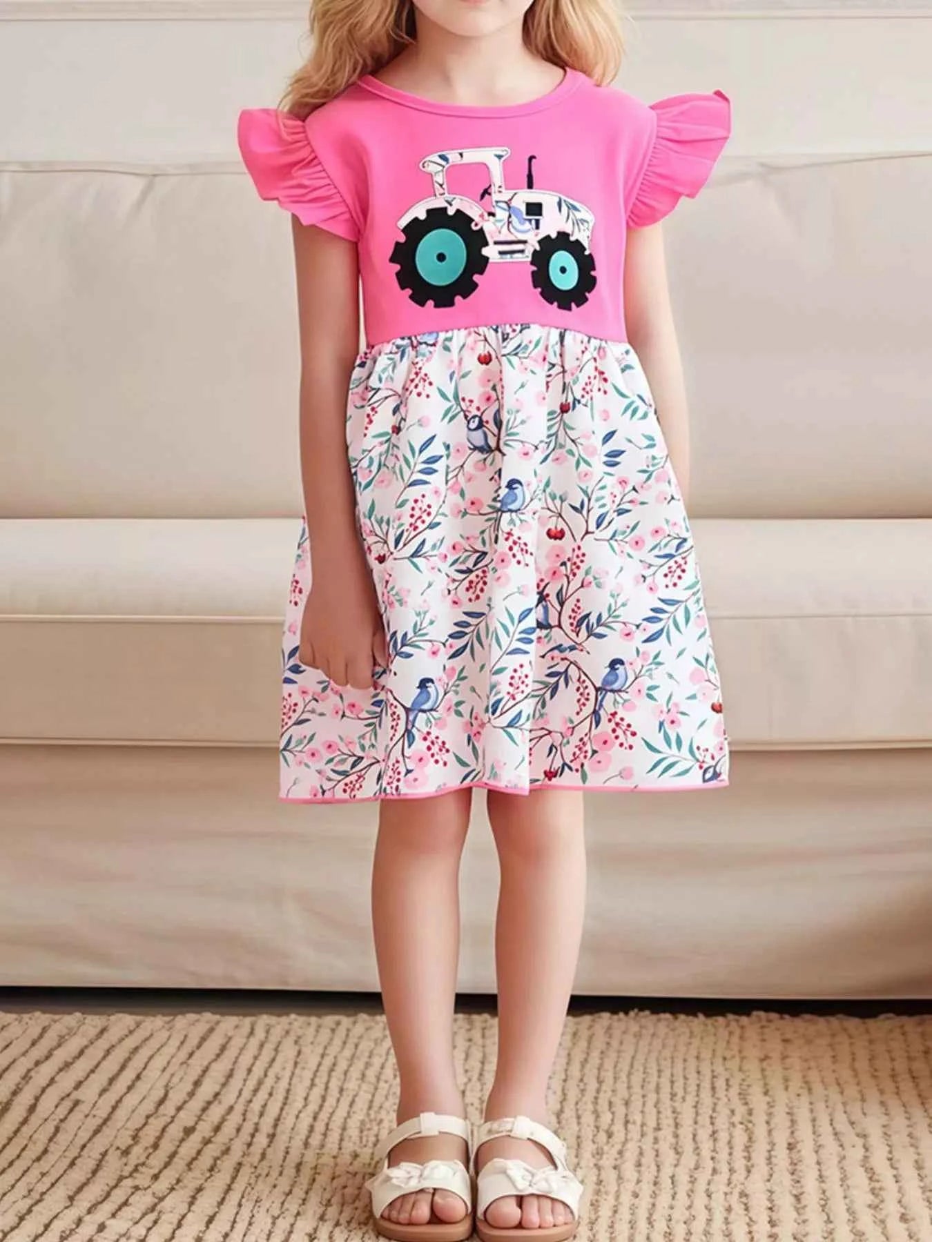 Children's Tractor Graphic Ruffle Sleeve Dress