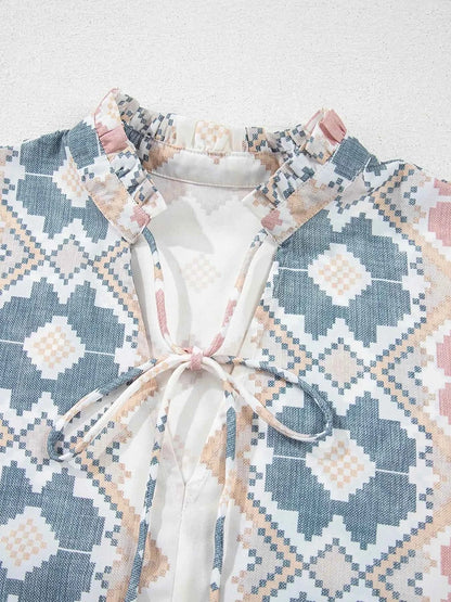 Bohemian Geometric Print Blouse with Tassel Tie