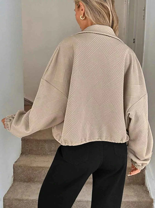 Drawstring Hem Textured Long Sleeve Jacket