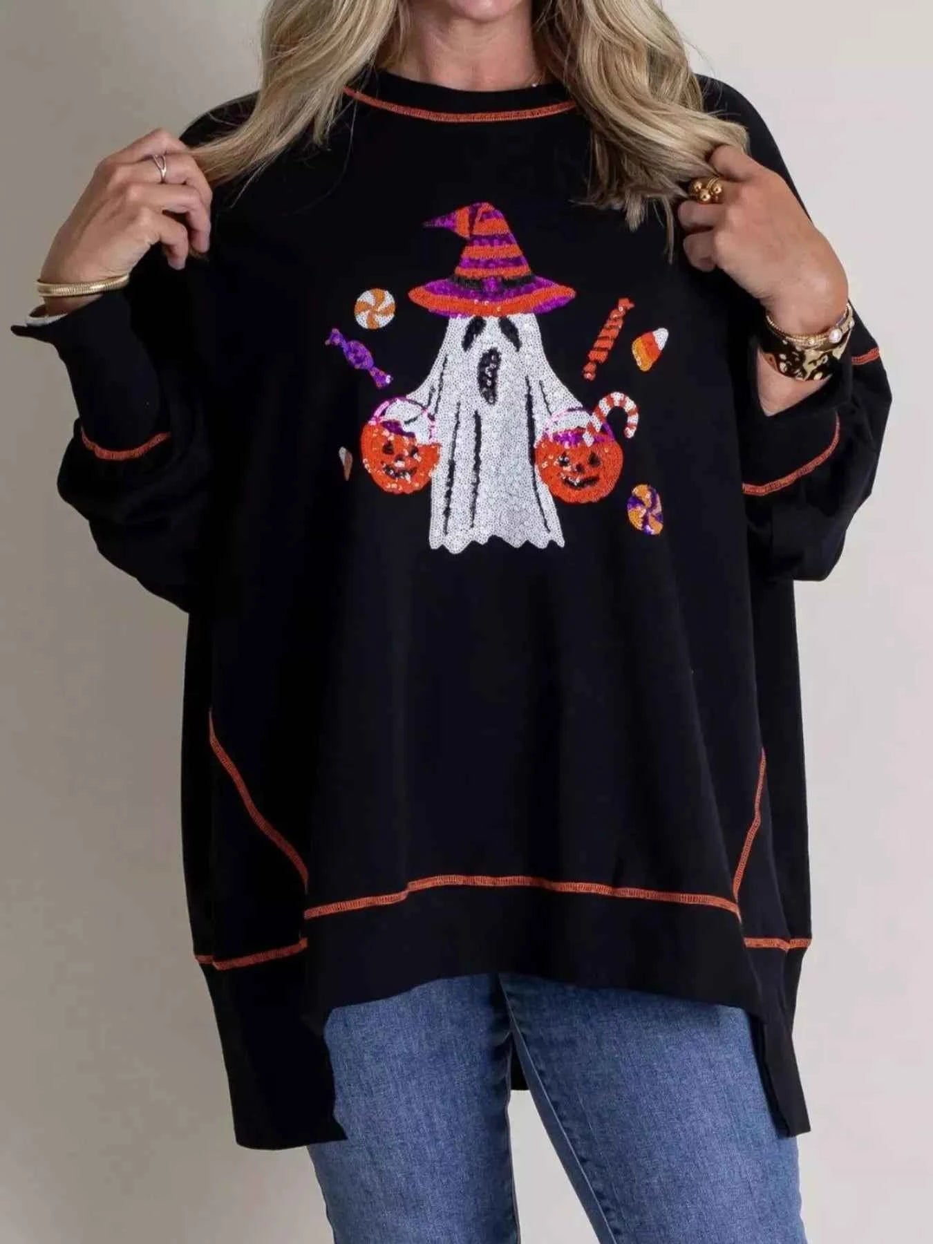 Halloween Ghost Sequin Exposed Seam Sweatshirt