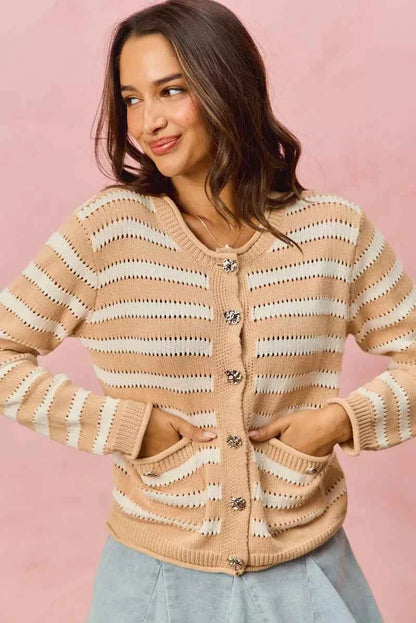 SO ME Stripe Long Sleeves Button Sweater Cardigan