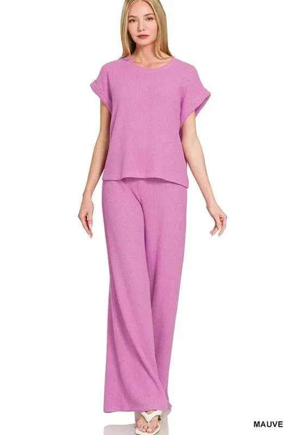 Zenana Rolled Sleeve Top and Pants Sweater Set