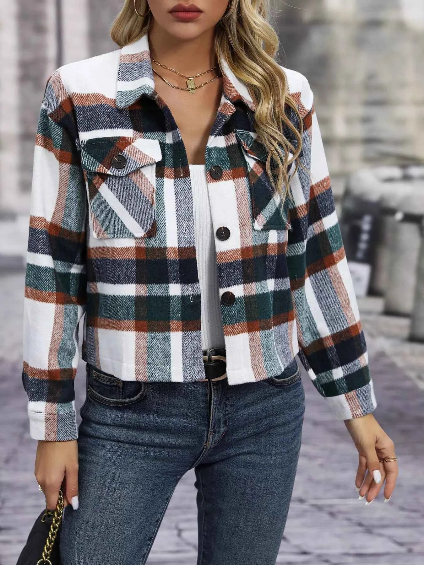Plaid Oversized Button-Up Cropped Jacket