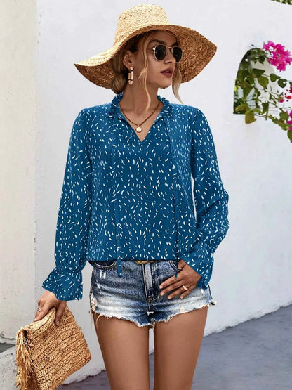 Ruffled Printed Tie Neck Long Sleeve Blouse