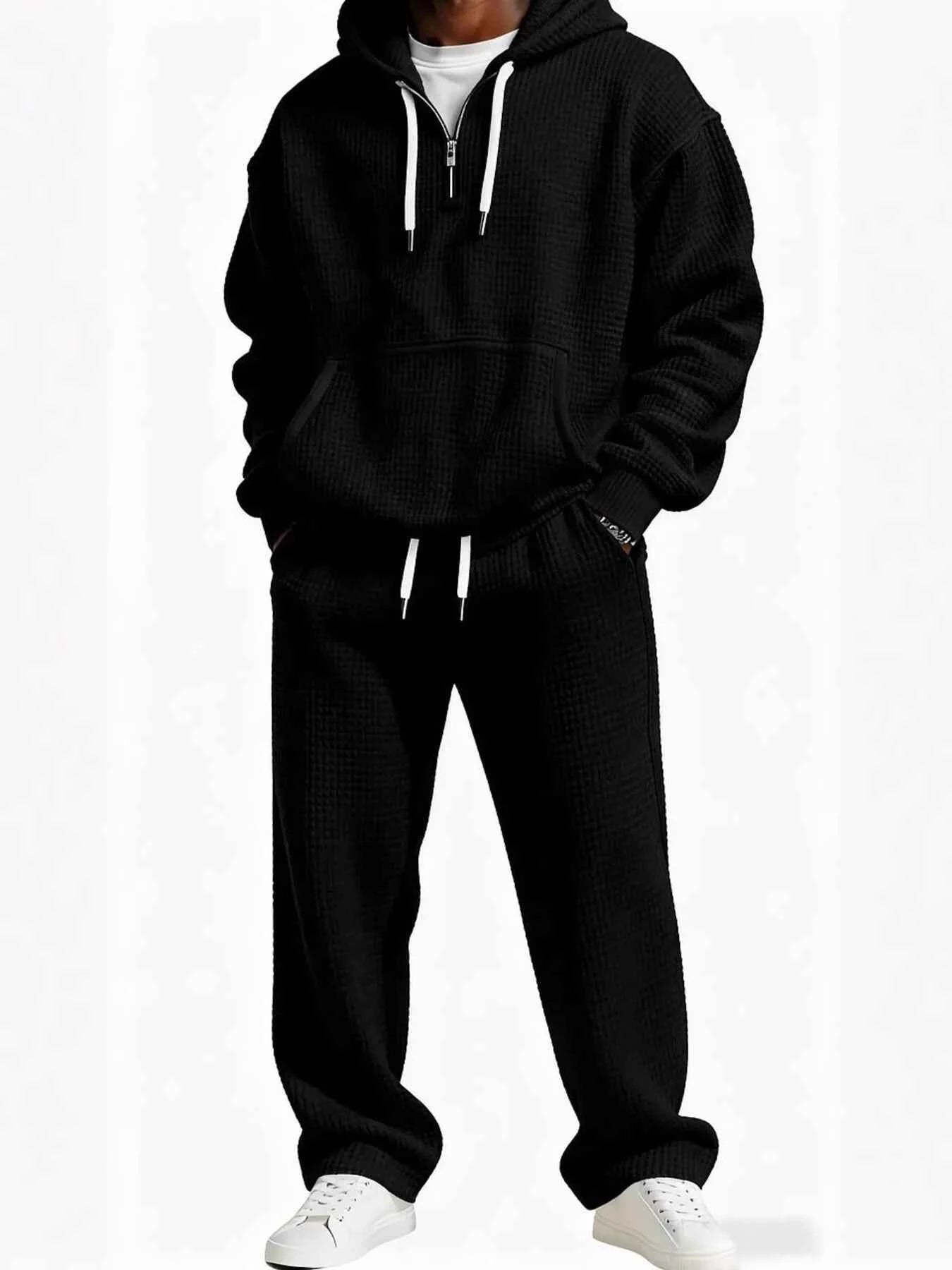 Men's Full Size Casual Waffle Knit Hoodie and Pants Set Plus Size