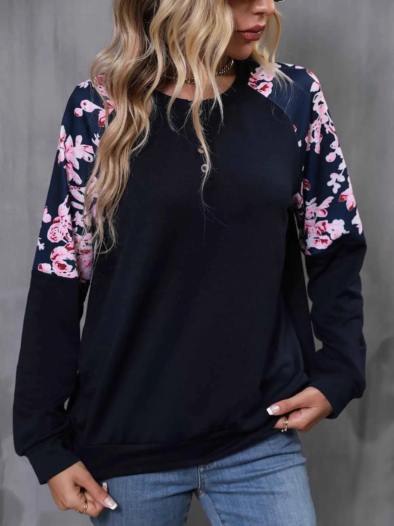 Floral Long Sleeve Round Neck Top