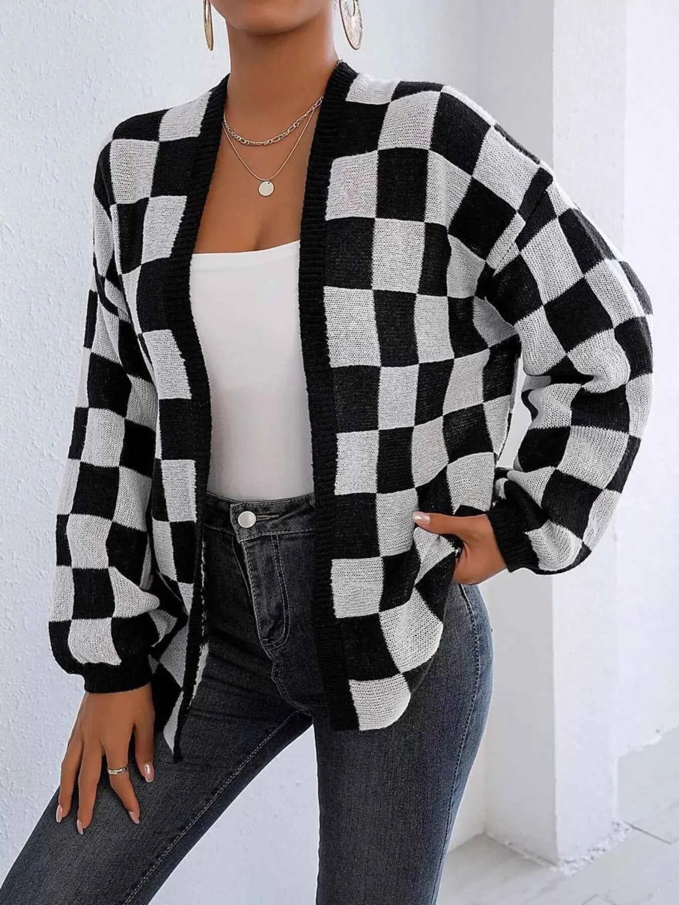 Checkerboard Pattern Open Front Knit Cardigan