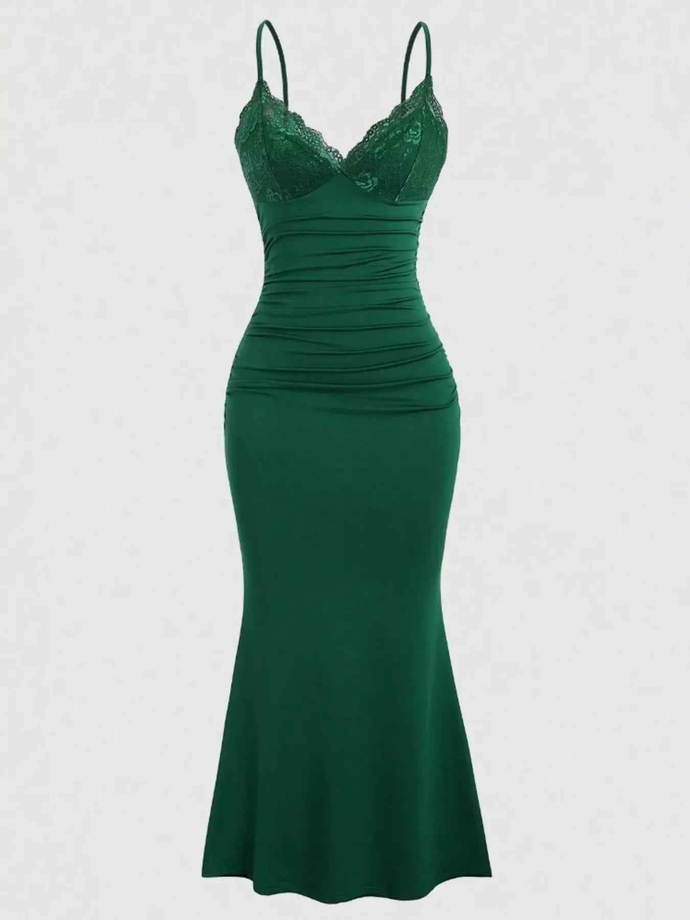 Lace Trim Ruched Mermaid Dress