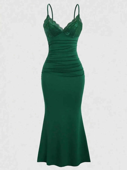 Lace Trim Ruched Mermaid Dress