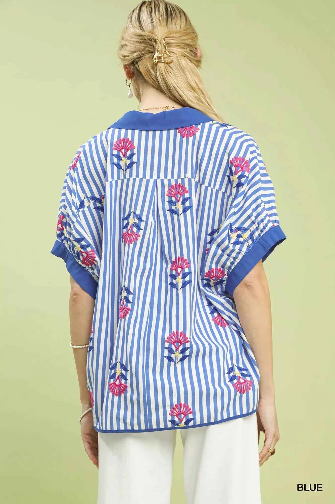 Umgee Stripe Embroidered Button-Front Boho Blouse