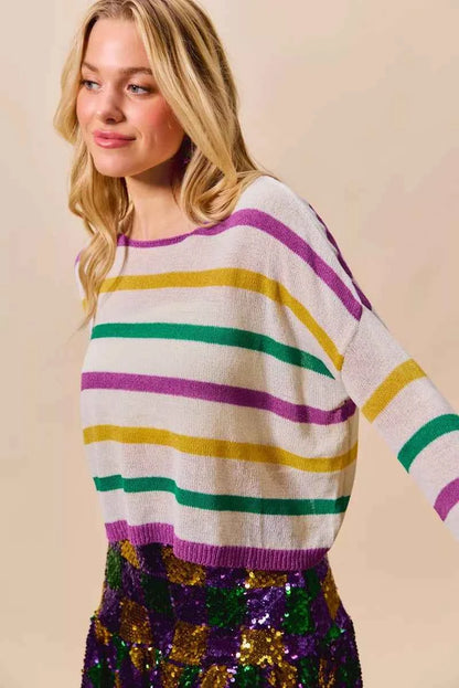 SO ME Mardi Gras Color Stripe Lightweight Sweater Top