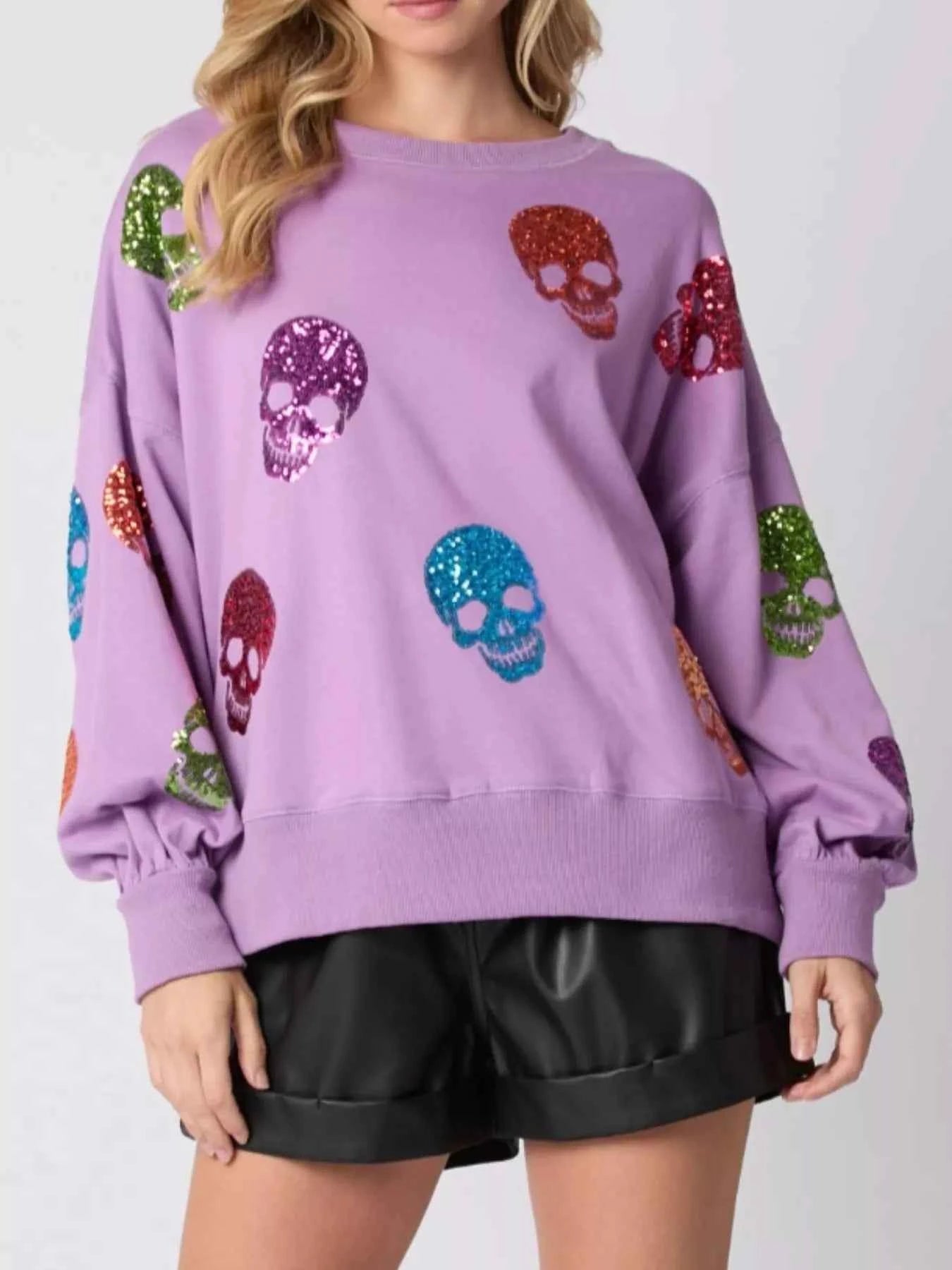 Halloween Colorful Skull Sequin Oversized Sweatshirt