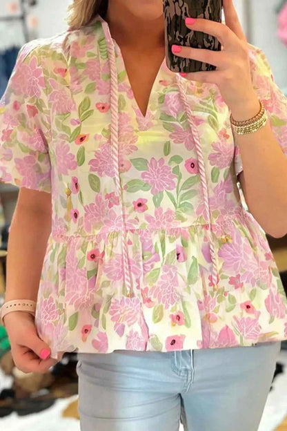 Printed Tie Neck Short Sleeve Blouse