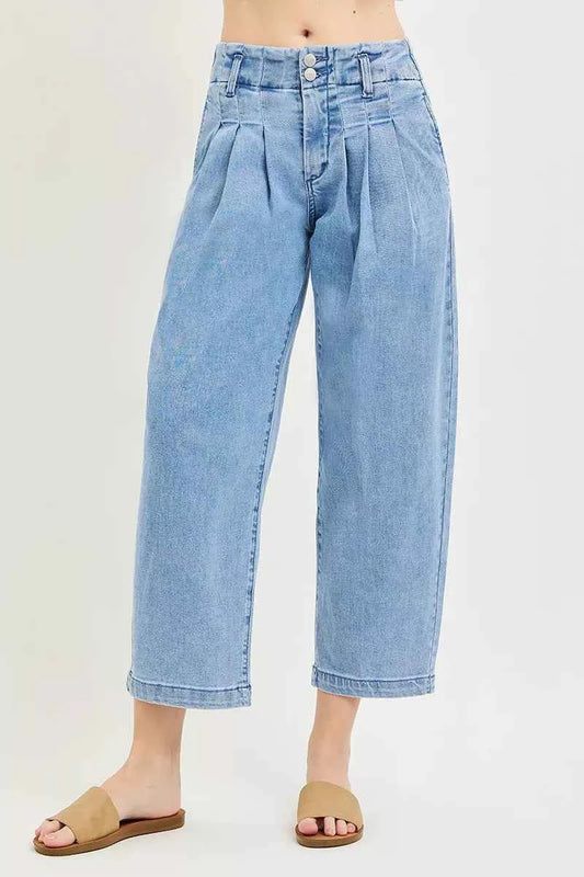 RISEN Slouchy Crop Barrel Pleated Jeans