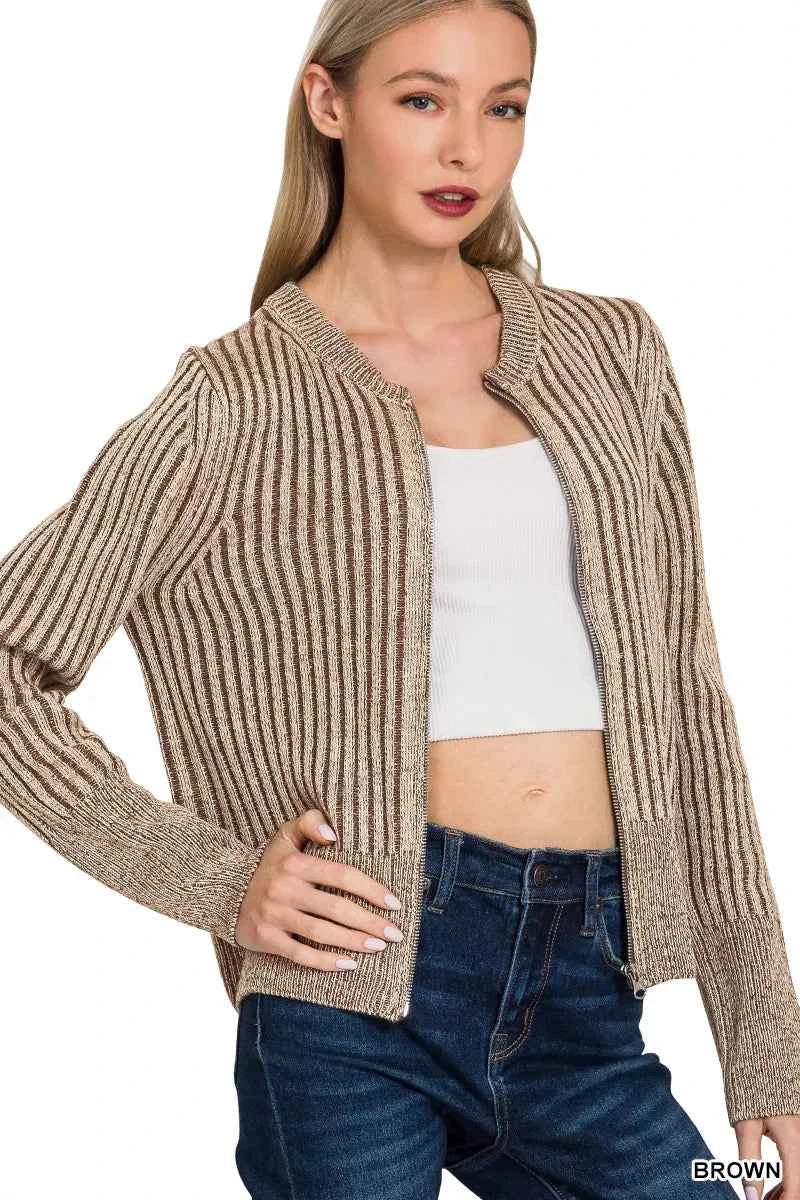 Zenana Ribbed Two Tone Zip Up Sweater Cardigan