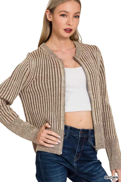 Zenana Ribbed Two Tone Zip Up Sweater Cardigan