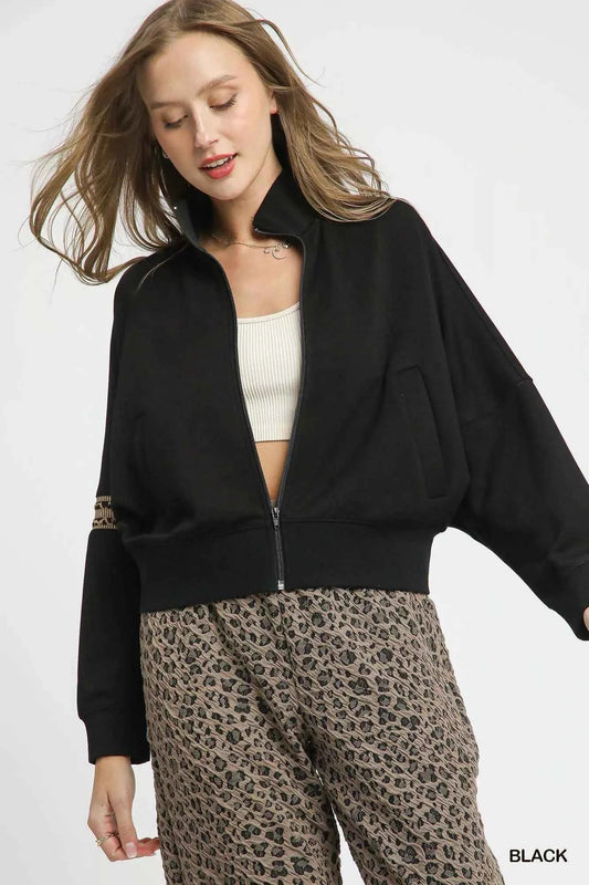 Umgee Zipper Up Cropped Jacket with Leopard Trim