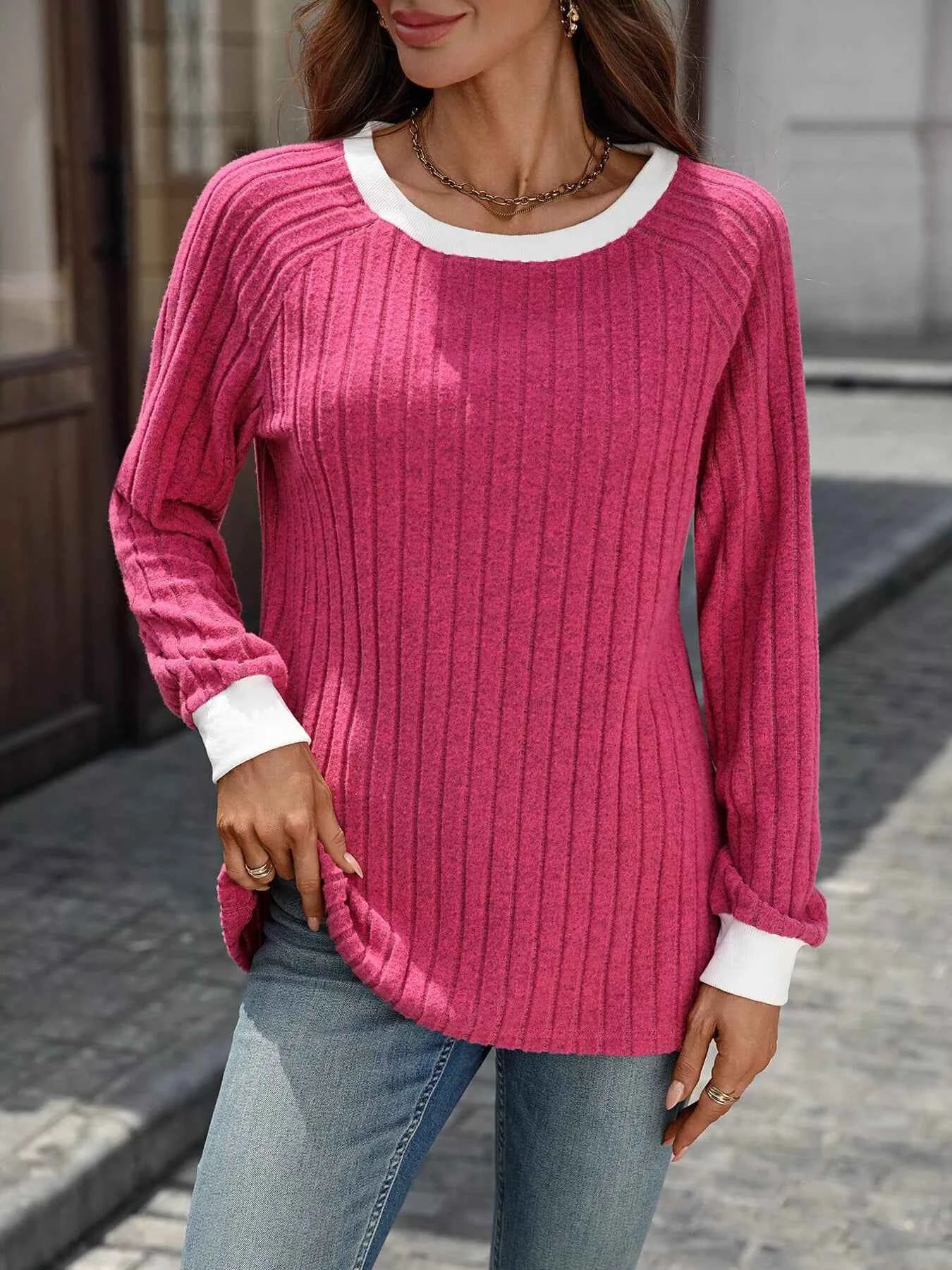 Ribbed Round Neck Raglan Sleeve Knit Top