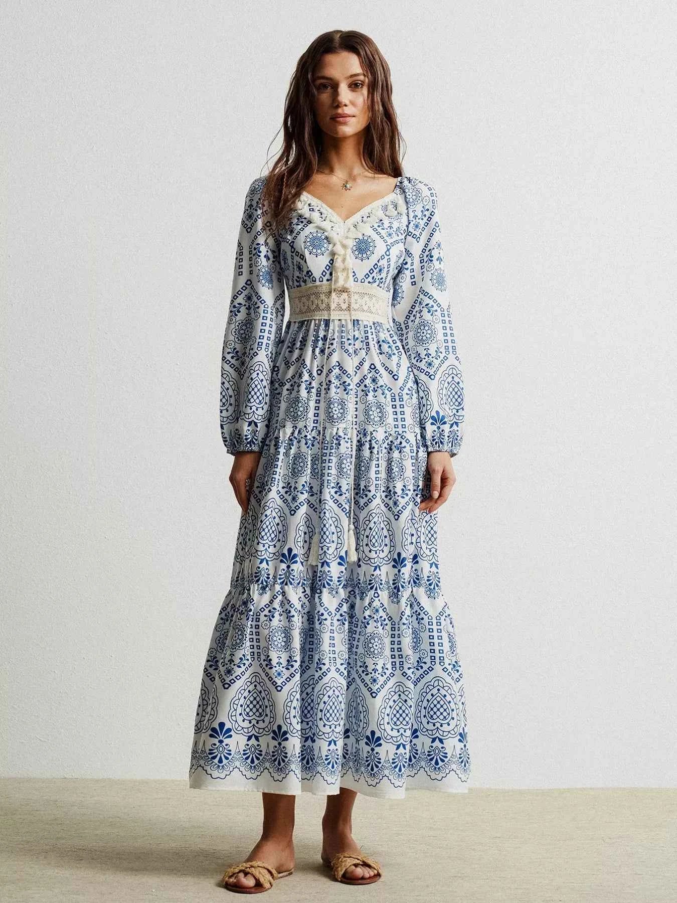 Bohemian Print Midi Dress with Tassel Detail