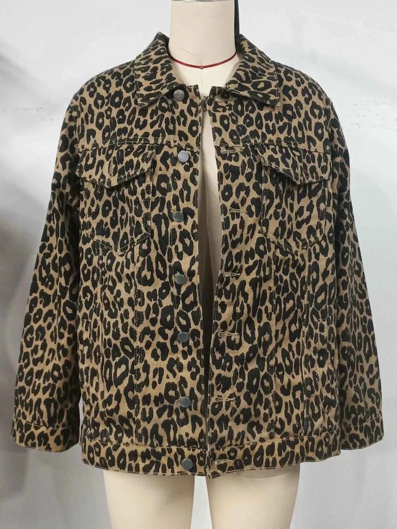 Leopard Button Up Long Sleeve Denim Jacket