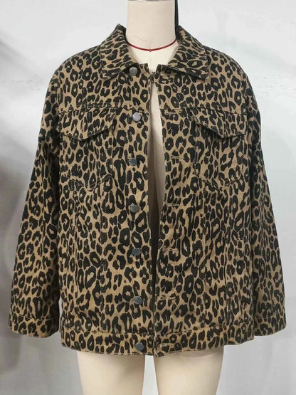 Leopard Button Up Long Sleeve Denim Jacket