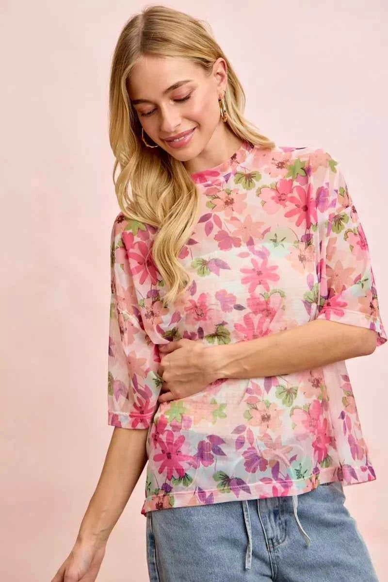 BiBi Floral Print Short Sleeves Boxy Mesh Top