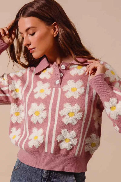 SO ME Floral Stripe Polo Collar Sweater