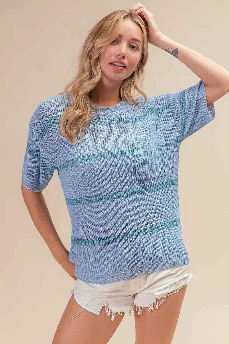 BiBi Patch Pocket Striped Lightweight Sweater Top