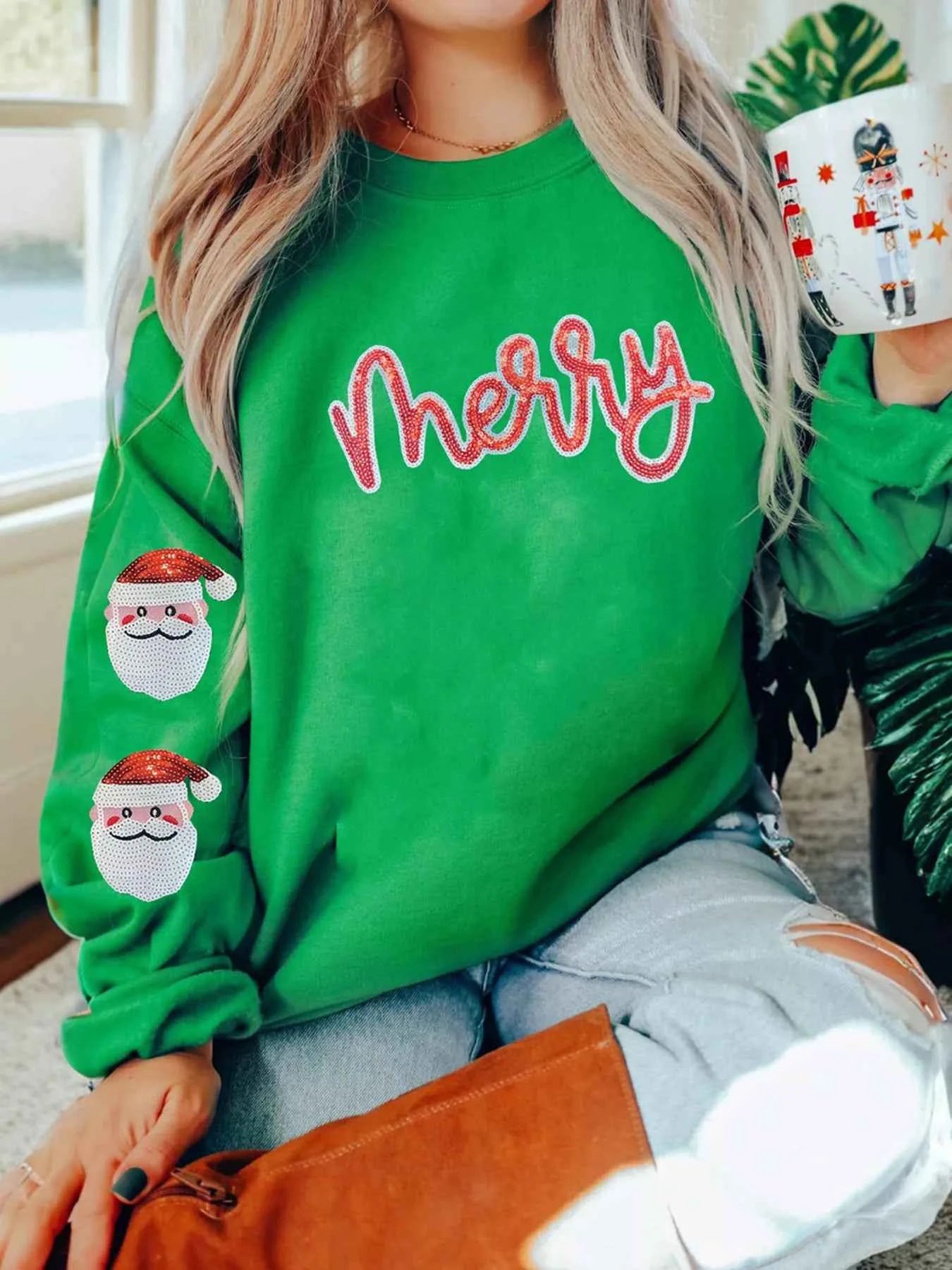 Sequin Letter Graphic Father Christmas Patched Sleeve Drop Shoulder Sweatshirt