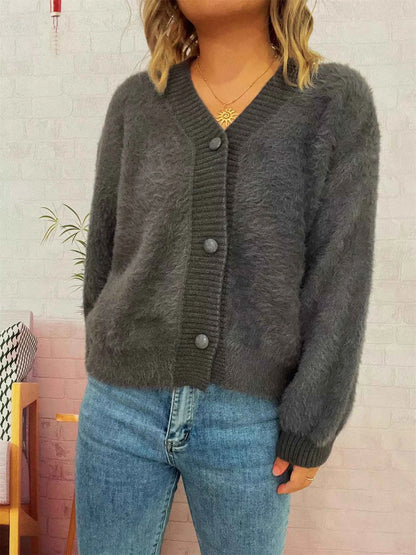 Fuzzy Button-Up Long Sleeve Cardigan