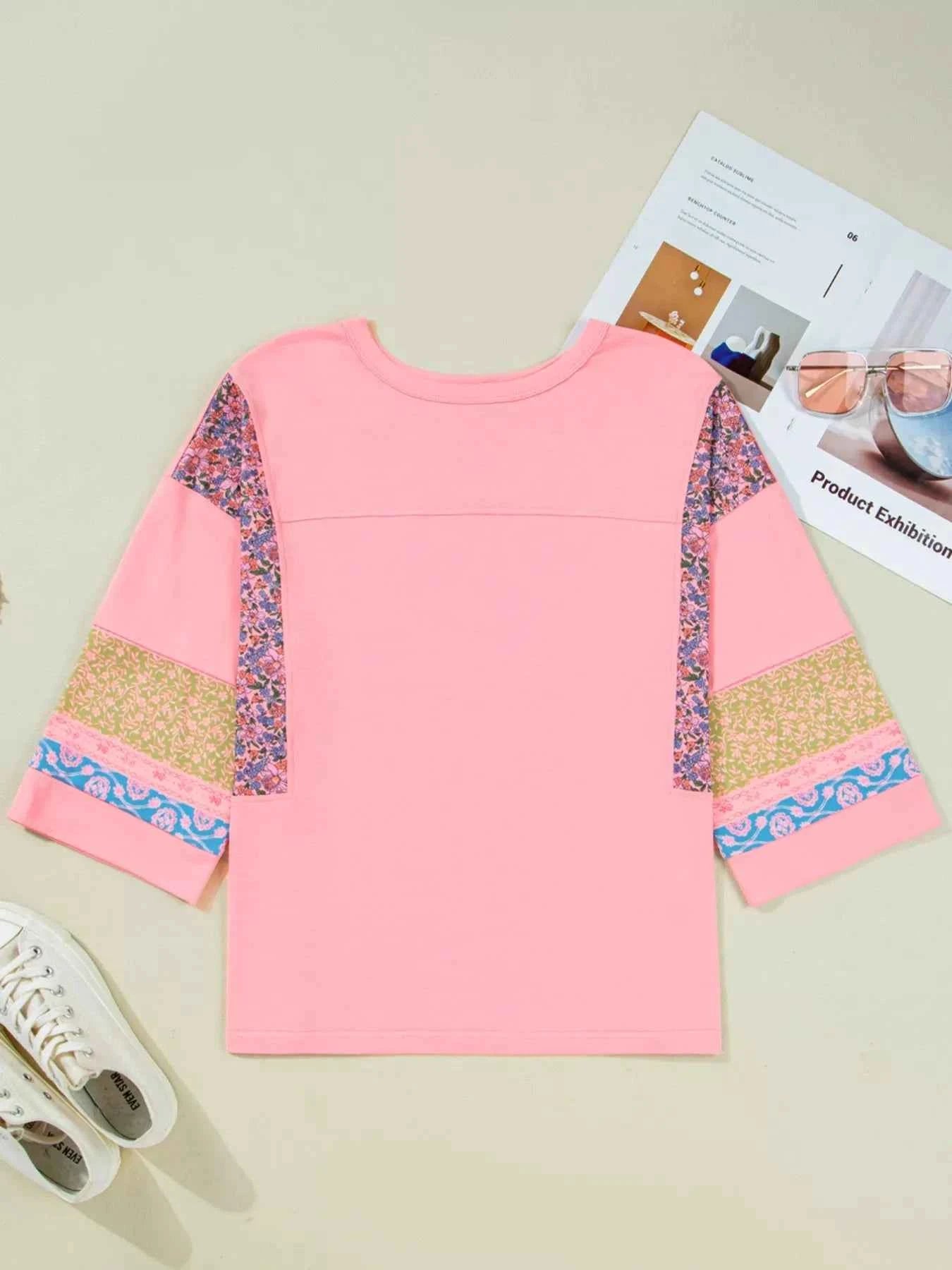 Floral Color Block Patchwork Long Sleeve Top