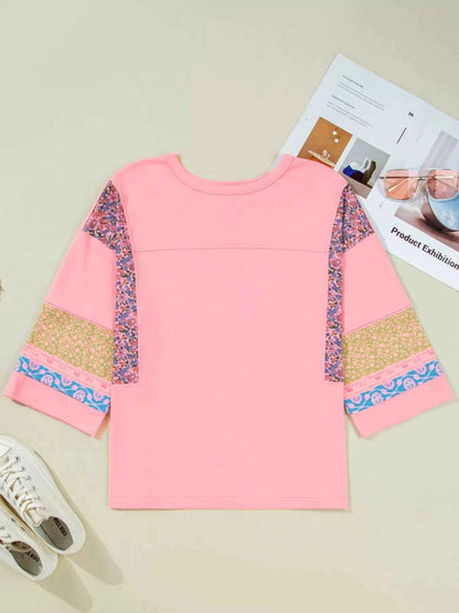 Floral Color Block Patchwork Long Sleeve Top