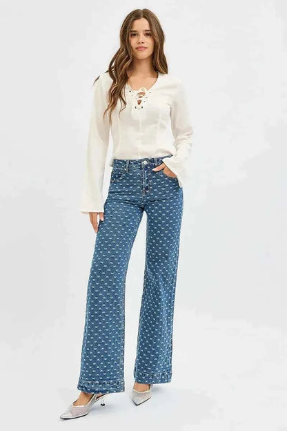 RISEN High Rise Wide Leg Bow Embroidered Jeans