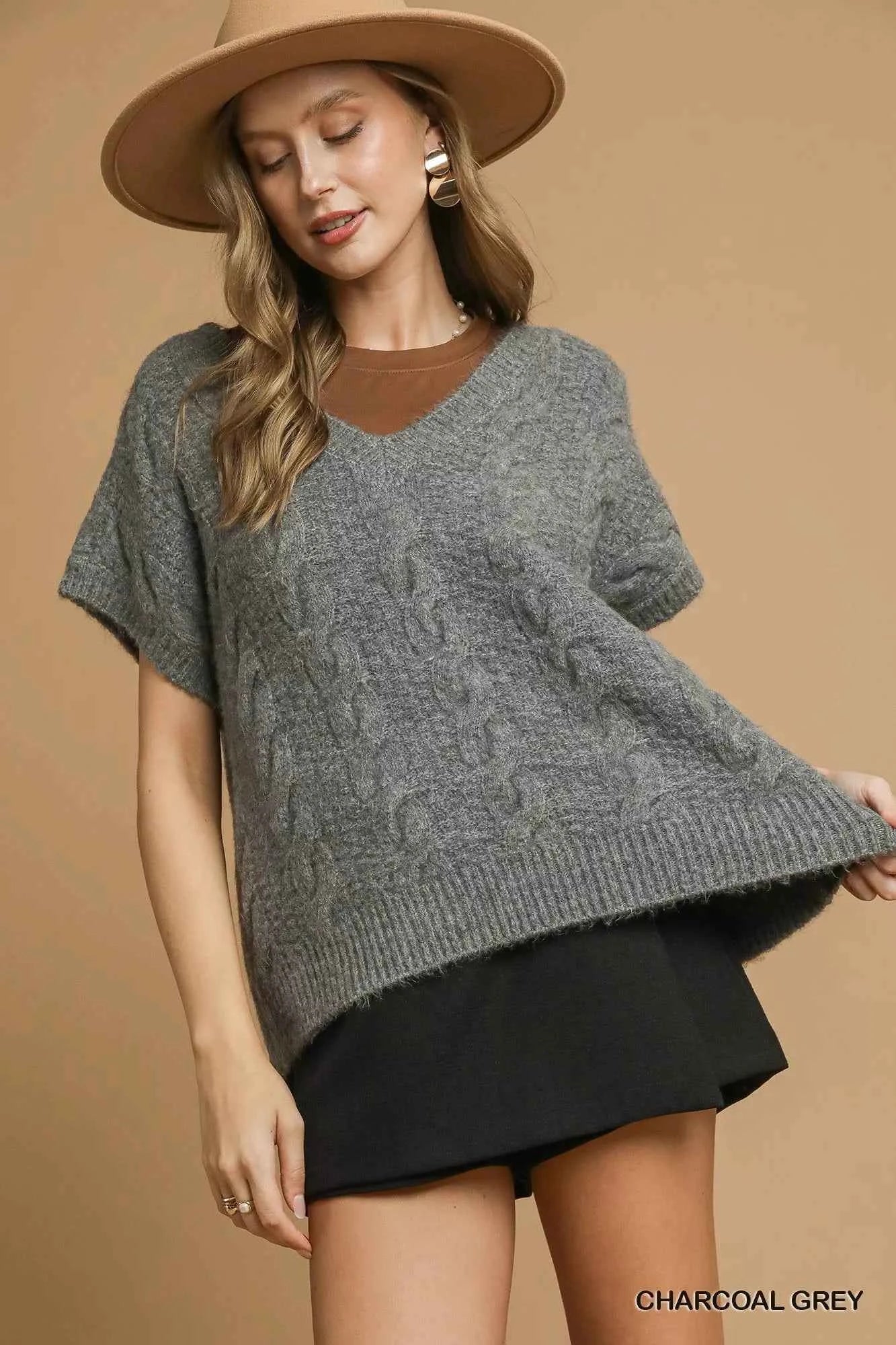 Umgee Cable-Knit V-Neck Sweater