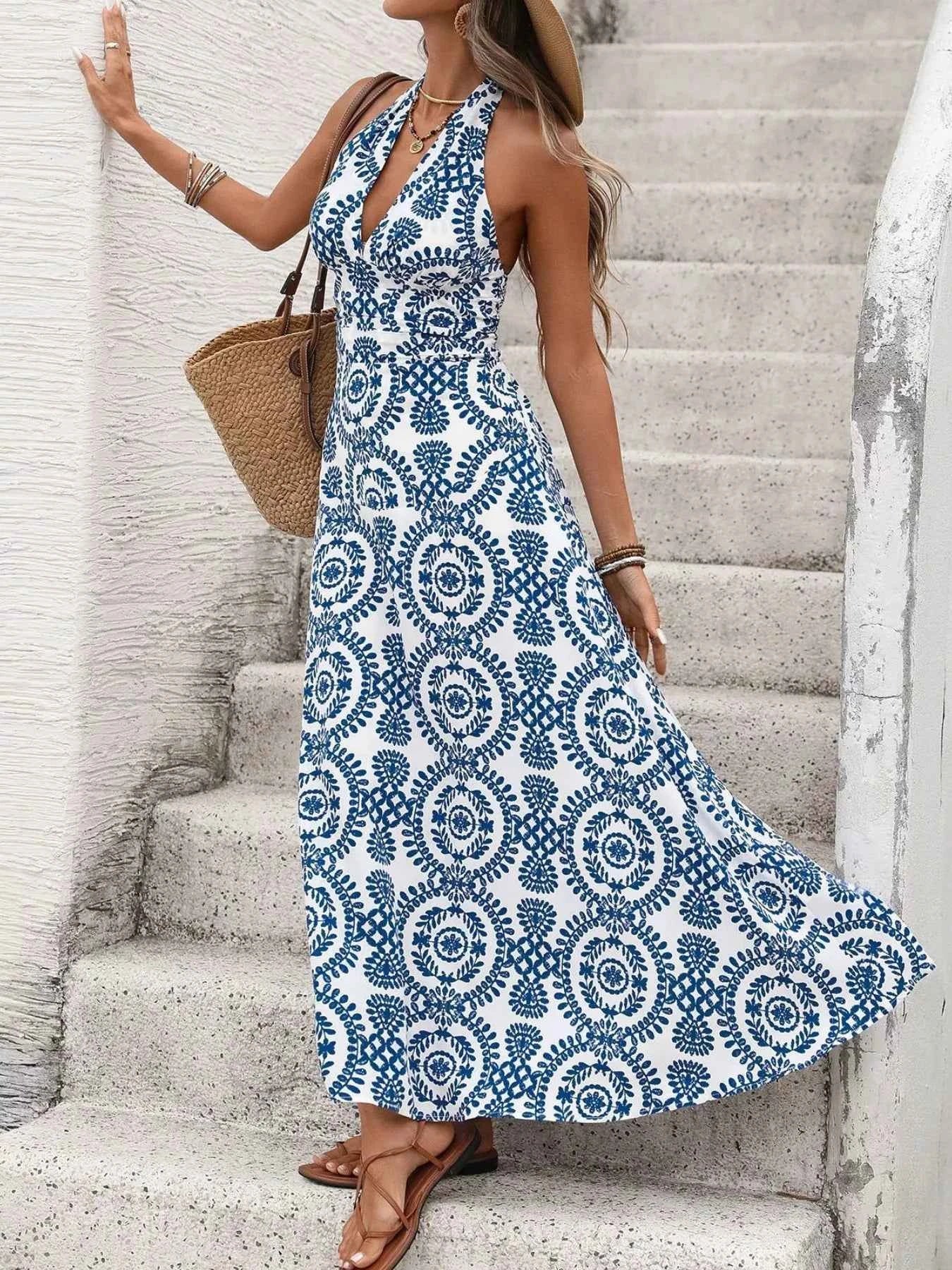 Printed Halter Neck Maxi Dress