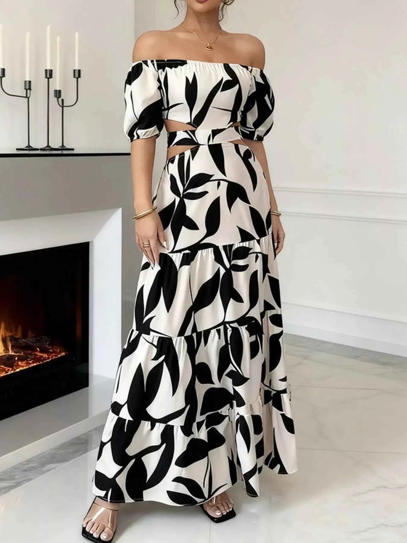 Off-Shoulder Cutout Leaf Print Maxi Dress