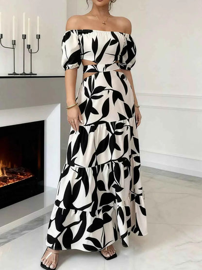 Off-Shoulder Cutout Leaf Print Maxi Dress