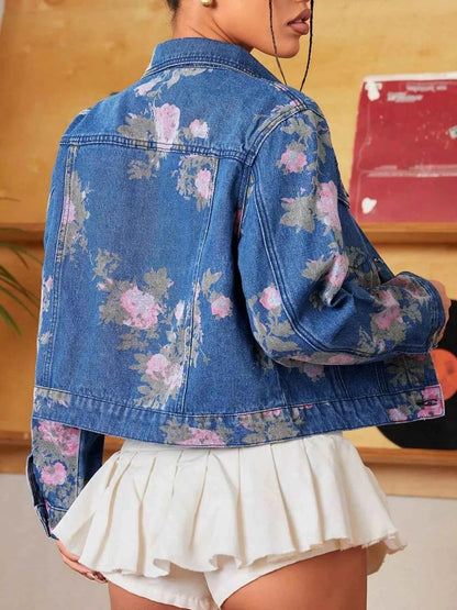 Floral Print Cropped Denim Jacket