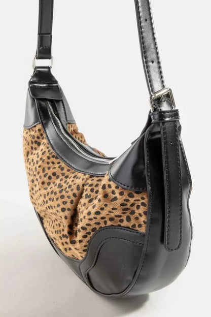 Fame Dark Spotted Leopard Print Half Moon Shoulder Bag